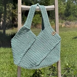 Handmade Crochet bag, tote, purse in green sparkle